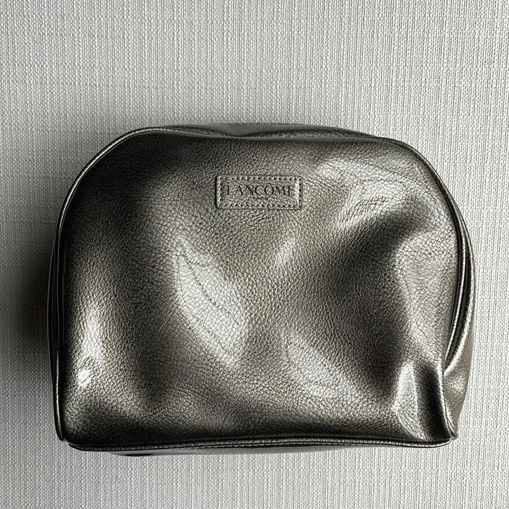 Lancome large gray silver metallic glossy cosmetics pouch